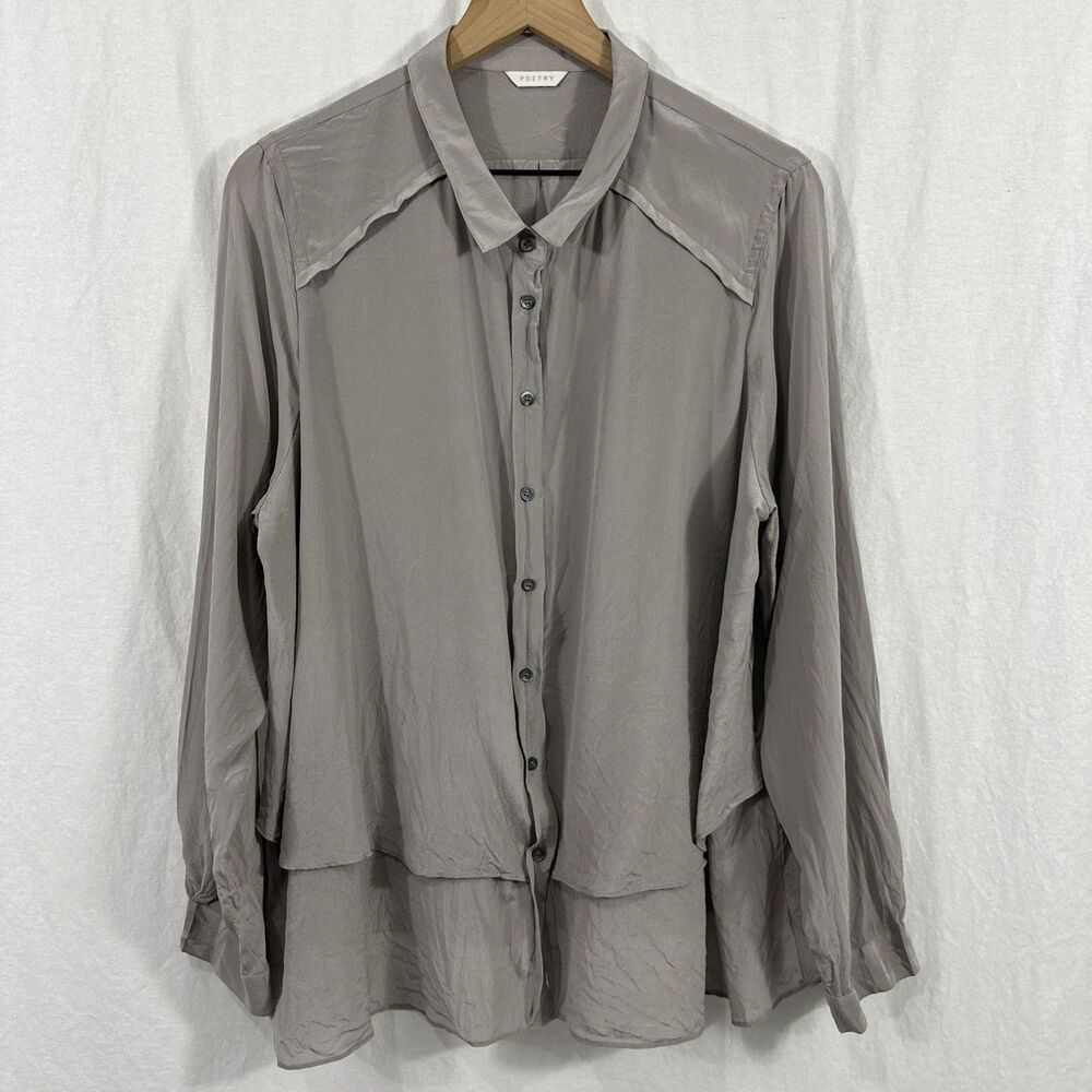 Poetry Double Layer Tiered 100% Silk Grey Button Top Womens Sz 18 Career Minimal